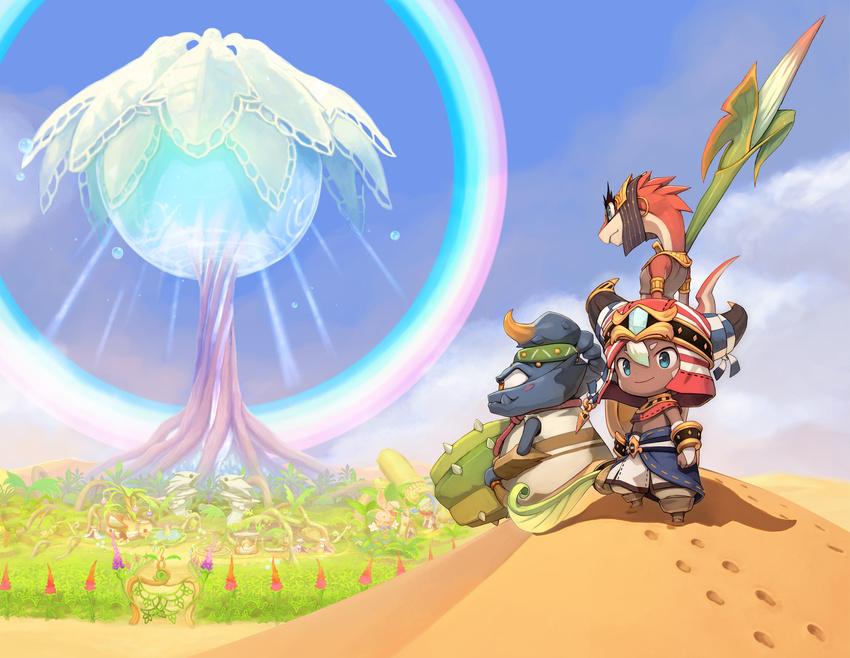 absurdres cover ever_oasis fake_horns footprints highres horned_headwear horns looking_at_viewer monster_boy monster_girl official_art photoshop_(medium) rainbow sand shizuma_yoshinori smile tethu tree video_game_cover village