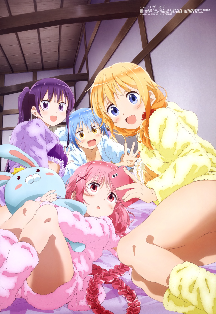 4girls :d :o absurdres annoyed blonde_hair blue_eyes blue_hair blue_shirt blush blush_stickers bra braid braided_ponytail breasts cellphone collarbone comic_girls convenient_head d: eyes_visible_through_hair frilled_bra frills hair_between_eyes hair_ornament hair_over_shoulder hair_scrunchie highres holding holding_phone holding_stuffed_toy hugging_object indoors irokawa_ruki katsuki_tsubasa koizuka_koyume looking_at_another looking_at_viewer loungewear magazine_scan medium_breasts megami_magazine moeta_kaoruko multiple_girls official_art open_clothes open_mouth open_shirt outstretched_hand pajamas parted_lips phone pink_eyes pink_hair pink_shirt pink_shorts pink_socks ponytail purple_bra purple_eyes purple_hair purple_shirt rectangular_mouth red_scrunchie scan scrunchie shirt short_hair short_ponytail short_shorts shorts single_braid smartphone smile socks stuffed_animal stuffed_rabbit stuffed_toy sugimura_ayako underwear wavy_mouth wooden_ceiling x_hair_ornament yellow_bra yellow_eyes yellow_legwear yellow_shirt