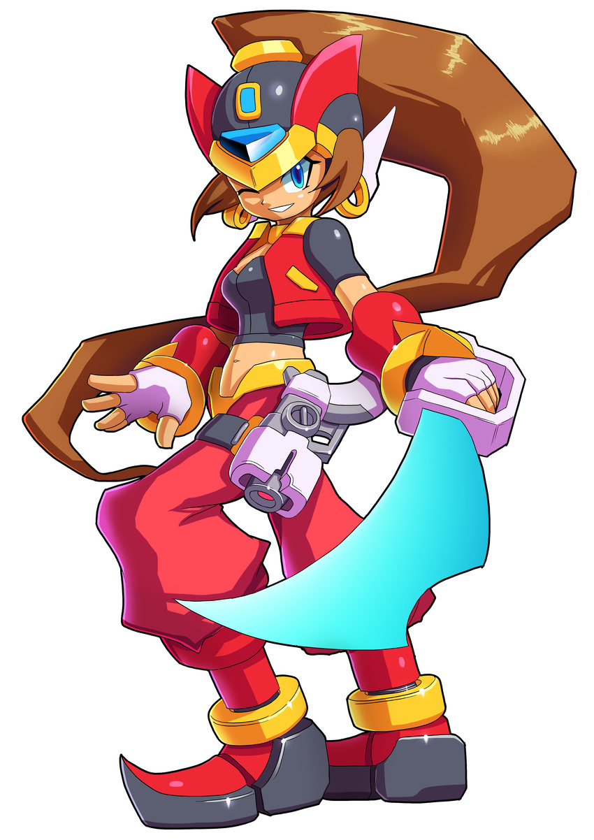 ;) absurdres adapted_costume android blue_eyes breasts brown_hair commentary commission cosplay cutlass earrings energy_sword english_commentary female fingerless_gloves full_body fusion gloves gun handgun helmet high_ponytail highres hoop_earrings jewelry long_hair mega_man_(series) mega_man_zero_(series) midriff navel one_eye_closed parted_lips pointy_footwear shantae shantae_(series) shantae_and_the_pirate's_curse shoes small_breasts smile solo sword ultimatemaverickx very_long_hair vest weapon zero(z)_(mega_man) zero(z)_(mega_man)_(cosplay) zero_(mega_man)