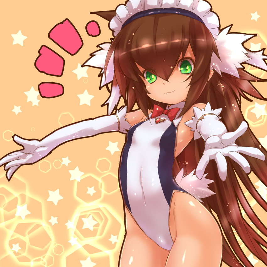 :3 alternate_costume bella_(sennen_sensou_aigis) bow bowtie breasts brown_hair commentary_request cowboy_shot elbow_gloves female gloves green_eyes highres leotard long_hair maid_headdress orange_background outstretched_arms sennen_sensou_aigis small_breasts solo spread_arms star_(symbol) starry_background tsukigami_chronica very_long_hair