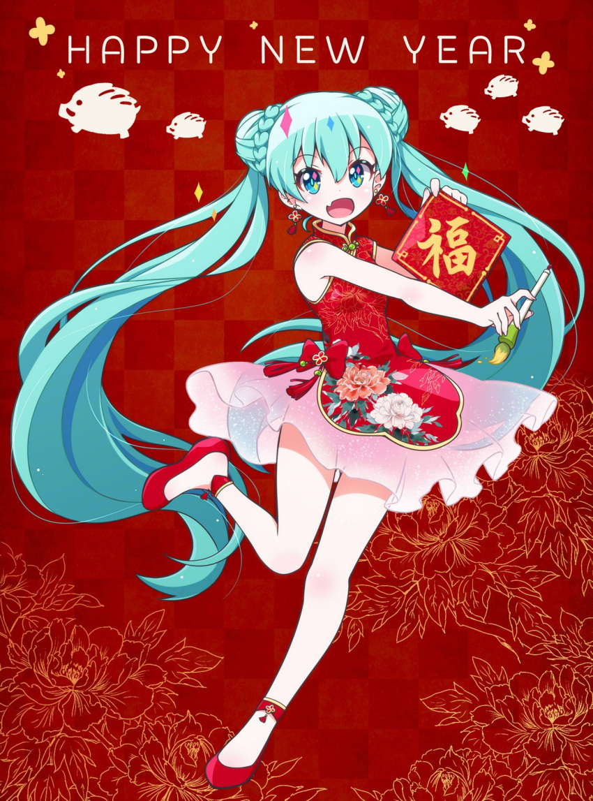 :d alternate_costume alternate_hairstyle aqua_eyes aqua_hair bare_arms bare_legs bare_shoulders blush boar bow calligraphy_brush checkered_background commentary_request double_bun dress earrings female floral_print fuusen_neko hair_bun hatsune_miku highres holding holding_brush holding_paintbrush jewelry leg_up long_hair looking_at_viewer no_legwear oerba_yun_fang open_mouth paintbrush pink_skirt print_dress red_background red_bow red_dress red_footwear see-through shoes skirt sleeveless sleeveless_dress smile solo standing standing_on_one_leg tareme tassel translated twintails very_long_hair vocaloid