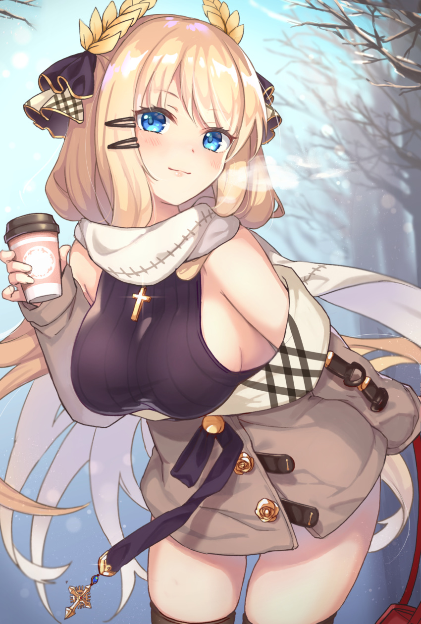 azur_lane bag bare_shoulders black_sweater black_thighhighs blonde_hair blue_eyes blush breasts breath brown_coat casual closed_mouth coat coat_dress commentary_request cowboy_shot cross cross_necklace cup day disposable_coffee_cup disposable_cup female hair_ornament hair_ribbon hairclip highres holding holding_bag holding_cup jewelry kon_(k0n16) large_breasts laurel_crown leaning_forward lips long_hair looking_at_viewer necklace off_shoulder official_alternate_costume outdoors red_bag ribbed_sweater ribbon scarf snow solo standing sweater sweater_vest thighhighs tree very_long_hair victorious_(azur_lane) victorious_(the_goddess'_day_off)_(azur_lane)