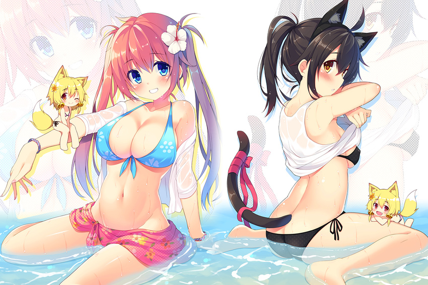 3girls animal_ears bell bikini black_hair blonde_hair blue_eyes blush bow breasts brown_hair cat_ears cat_tail chiri_(atlanta) chiriko_(atlanta) clothes_lift commentary_request fox_ears fox_tail hair_bell hair_ornament jingle_bell large_breasts long_hair looking_at_viewer medium_breasts meina_(atlanta) mini_person minigirl mismatched_bikini multiple_girls one_eye_closed original photoshop_(medium) shirt_lift sitting smile swimsuit tail tail_bow tail_ornament ten'inkou_korin wariza wet wet_clothes