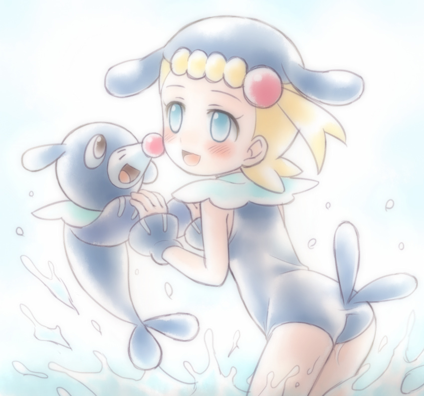 :d animal_costume animal_hat blonde_hair blue_eyes bonnie_(pokemon) commentary_request cosplay female hair_ornament hat holding_hands open_mouth pokemon pokemon_(anime) pokemon_(creature) pokemon_xy_(anime) popplio popplio_(cosplay) porocha smile splashing water