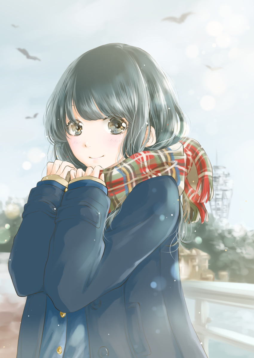 absurdres arms_up bird black_hair blue_coat blue_shirt blue_sky blurry bridge brown_eyes building coat commentary_request day depth_of_field duffel_coat enoshima female highres holding holding_clothes holding_scarf hoshiibara_mato light_particles long_sleeves looking_at_viewer medium_hair open_clothes open_coat original outdoors plaid plaid_scarf scarf shirt sky sleeves_past_wrists smile solo tower upper_body