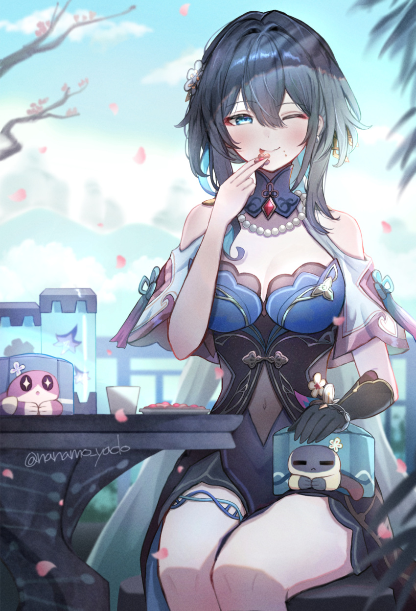 ;) bare_shoulders bead_necklace beads black_hair blue_dress blue_eyes blue_sky blush brooch cherry_blossoms clothing_cutout cloud commentary_request covered_navel critter_pick_(honkai:_star_rail) cup day dress feet_out_of_frame feline female hand_up highres honkai:_star_rail honkai_(series) jewelry long_hair looking_at_viewer march_7th_(honkai:_star_rail) march_7th_(ice_cake)_(honkai:_star_rail) nanamo_yado necklace one_eye_closed outdoors petals ruan_mei_(honkai:_star_rail) ruan_mei_(lambda's_friend)_(honkai:_star_rail) short_sleeves shoulder_cutout sitting sky smile table thigh_strap