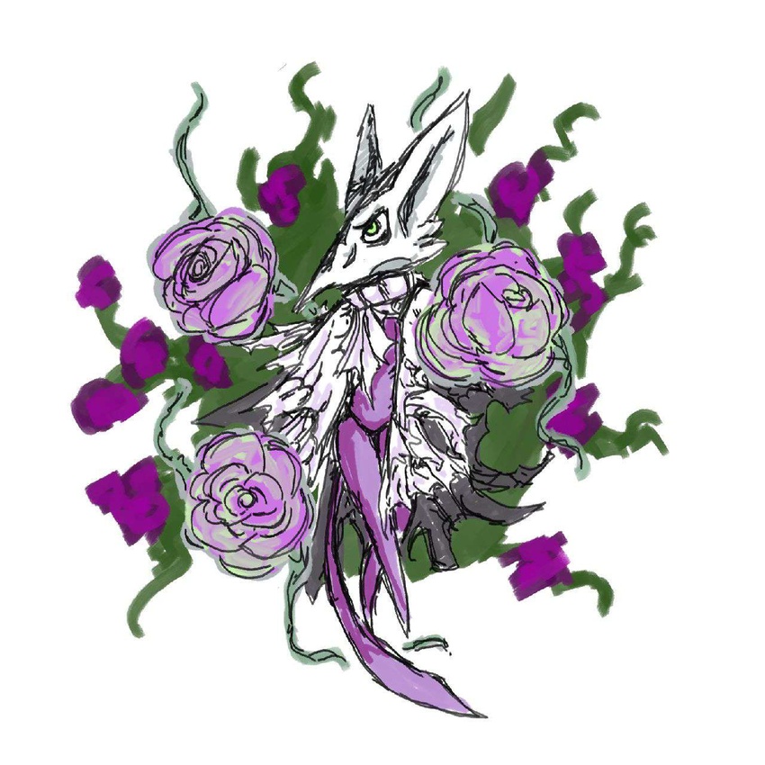 1:1 ambiguous_gender anthro bone cloak clothing cravat flower fusion generation_1_pokemon green_eyes hi_res jejunumiper legendary_pokemon looking_up marowak mew_(pokemon) minimal_shading nintendo plant pokemon pokemon_(species) pokemon_fusion purple_body purple_tail rosa_(jejunumiper) simple_background sketchy skull skull_head solo tail torn_clothing two_tone_flower white_background white_clothing