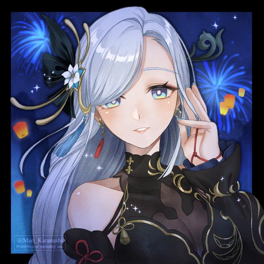 bare_shoulders black_dress blue_eyes commentary_request dress earrings female genshin_impact grey_hair grin hair_ornament hand_up highres jewelry karanashi_mari long_hair parted_lips shenhe_(frostflower_dew)_(genshin_impact) shenhe_(genshin_impact) smile solo upper_body very_long_hair