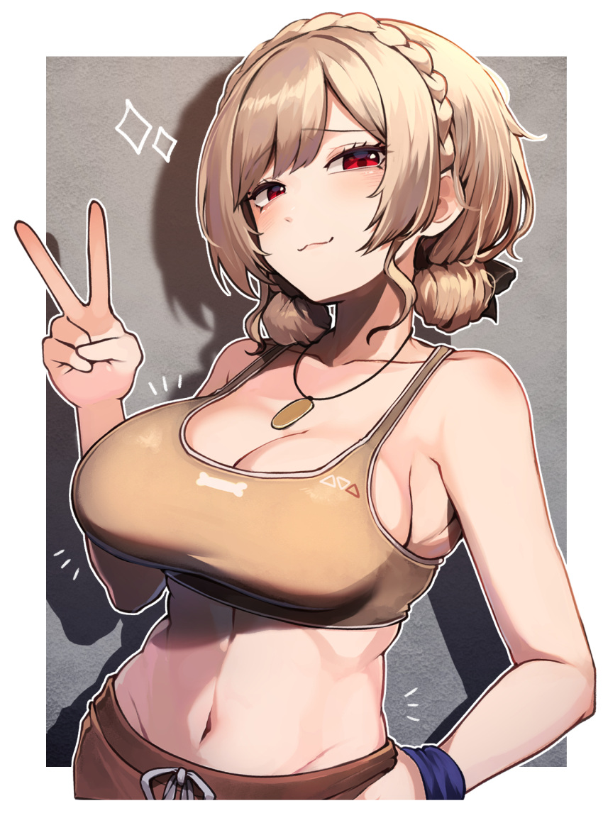 :3 bare_shoulders border bow braid breasts brown_hair brown_shorts brown_sports_bra crown_braid dog_tags double_bun female furen_e_lustario furen_e_lustario_(5th_costume) hair_bun hairbow hand_on_own_hip hatyuuruinohito highres large_breasts looking_at_viewer medium_hair midriff navel nijisanji red_eyes shorts sideboob smile smug solo sparkle sports_bra stomach sweatband v virtual_youtuber white_border