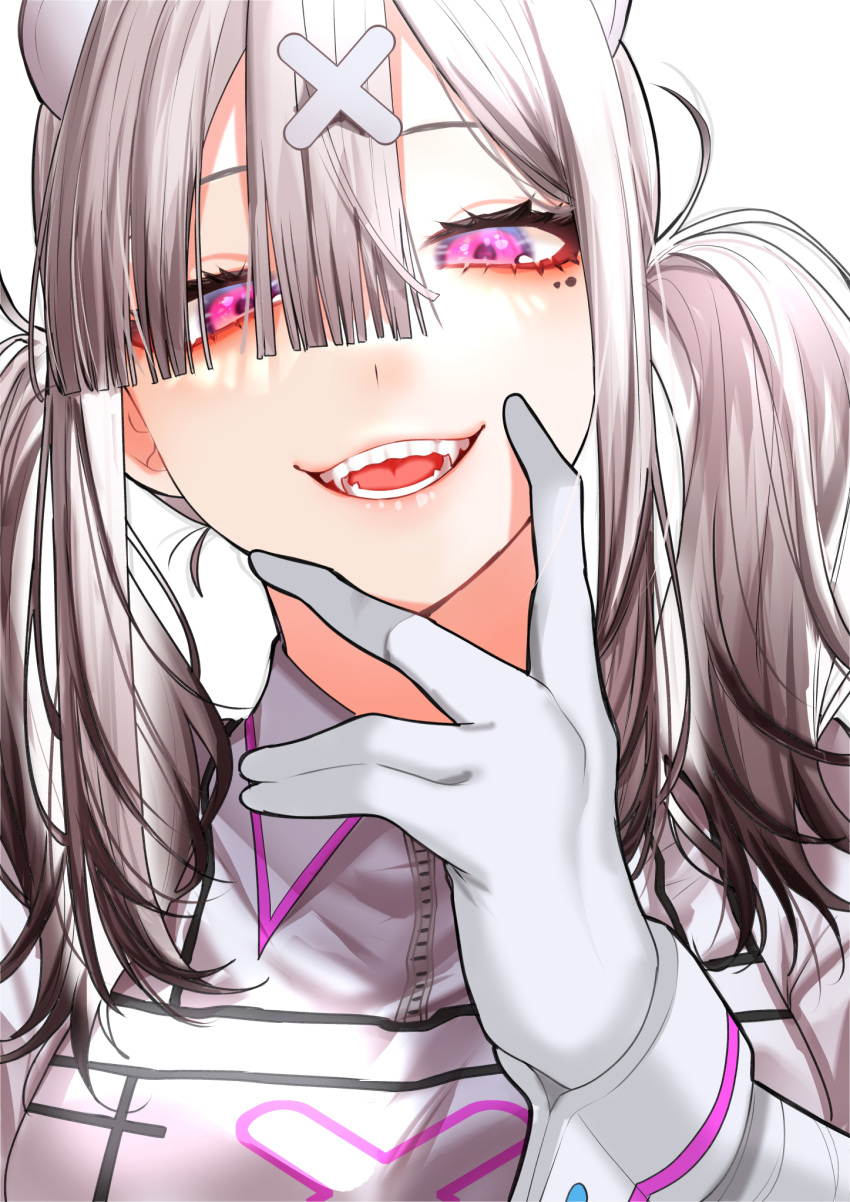 bandaged_arm bandages blush breasts female gloves gomo grey_hair hair_ornament hair_over_one_eye hat highres large_breasts long_hair looking_at_viewer mole mole_under_eye nijisanji nurse nurse_cap open_mouth pink_eyes simple_background solo sukoya_kana sukoya_kana_(1st_costume) twintails upper_body virtual_youtuber white_wrist_cuffs wrist_cuffs x x_hair_ornament