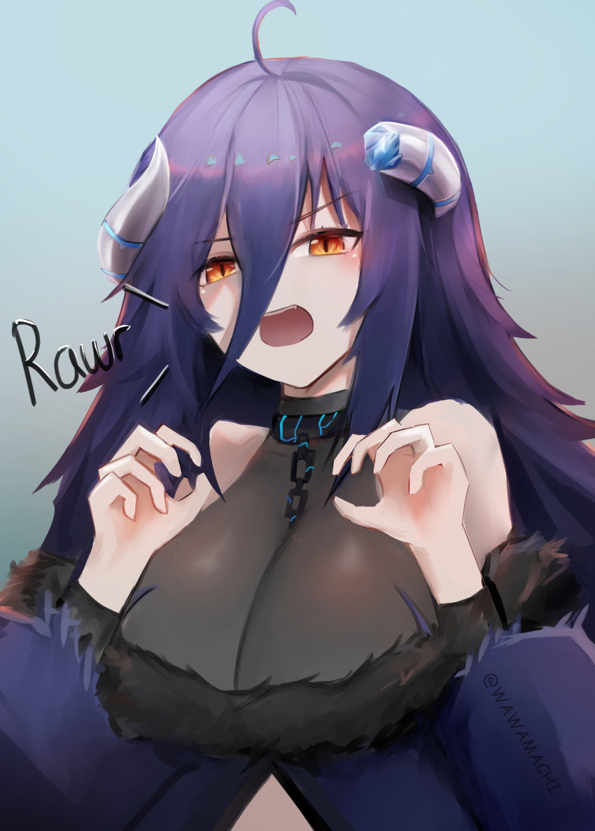 absurdres ahoge blue_horns breasts broken_horn claw_pose cleavage clothing_cutout female fur_trim gao grey_horns highres horns large_breasts long_hair multicolored_horns open_mouth orange_eyes oumiya_emma prism_project purple_hair see-through see-through_cleavage shoulder_cutout slit_pupils solo teeth twitter_username two-tone_horns upper_body upper_teeth_only virtual_youtuber wawamachi_(wawamachis)