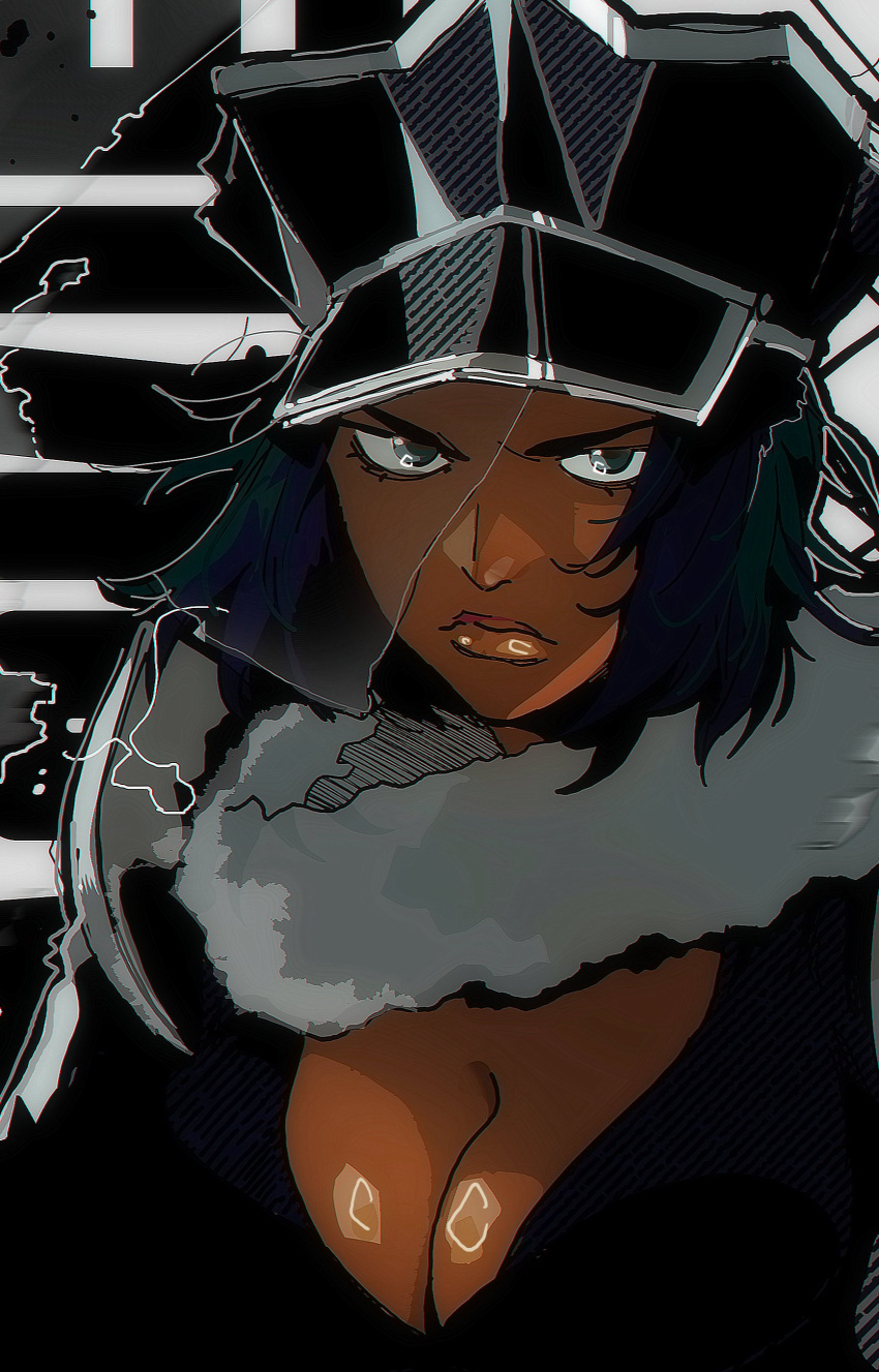 absurdres angry bleach breasts cleavage closed_mouth color_banding dark-skinned_female dark_skin eyelashes female fur_collar green_eyes green_hair hat highres isaacchief300 jackie_tristan jpeg_artifacts large_breasts lips low_neckline medium_hair military_hat monochrome_background official_alternate_costume paint_splatter peaked_cap shadow solo unmoving_pattern v-shaped_eyebrows veil very_dark_skin