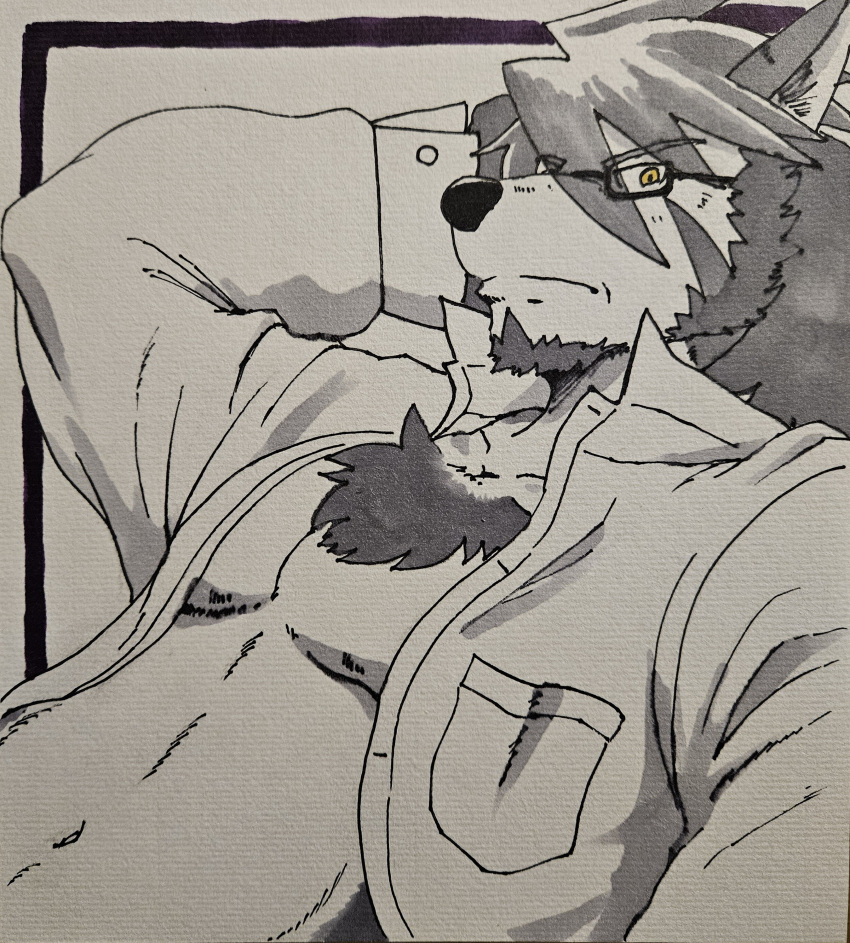 2024 absurd_res anthro breast_pocket canid canine canis chest_tuft clothed clothing domestic_dog dress_shirt eyewear facial_hair fur glasses goatee grey_body grey_fur hair hi_res husky long_hair looking_at_viewer male mammal mitsuhisa_aotsuki morenatsu nordic_sled_dog open_clothing open_shirt open_topwear pecs run_aki shirt sideburns silver_hair soft_abs solo spitz topwear traditional_media_(artwork) tuft yellow_eyes