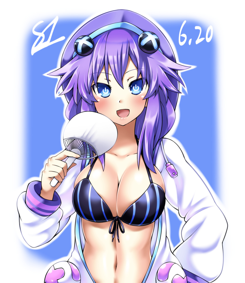 :d arm_behind_back bikini blue_eyes blush breasts cleavage cosplay d-pad d-pad_hair_ornament female front-tie_bikini_top front-tie_top hair_between_eyes hair_ornament hand_fan hand_up highres holding holding_fan hood hood_up hooded_jacket jacket kurozero large_breasts long_hair medium_breasts navel neptune_(neptunia) neptune_(neptunia)_(cosplay) neptune_(series) open_clothes open_jacket open_mouth power_symbol power_symbol-shaped_pupils purple_hair purple_heart_(neptunia) smile solo swimsuit symbol-shaped_pupils upper_body usb white_jacket