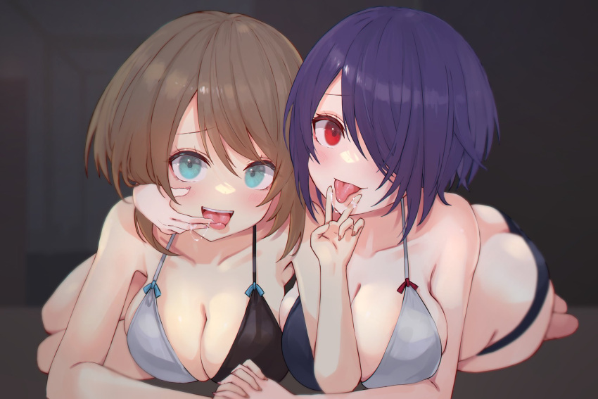 2girls aogiri_koukou aqua_eyes ass bikini breasts brown_hair cleavage collarbone hair_over_one_eye hand_on_another's_cheek hand_on_another's_face highres holding_hands interlocked_fingers kkix25 kurikoma_komaru large_breasts multiple_girls open_mouth otodama_tamako purple_hair red_eyes saliva saliva_trail short_hair swimsuit teeth tongue tongue_out two-tone_bikini upper_teeth_only v virtual_youtuber yuri