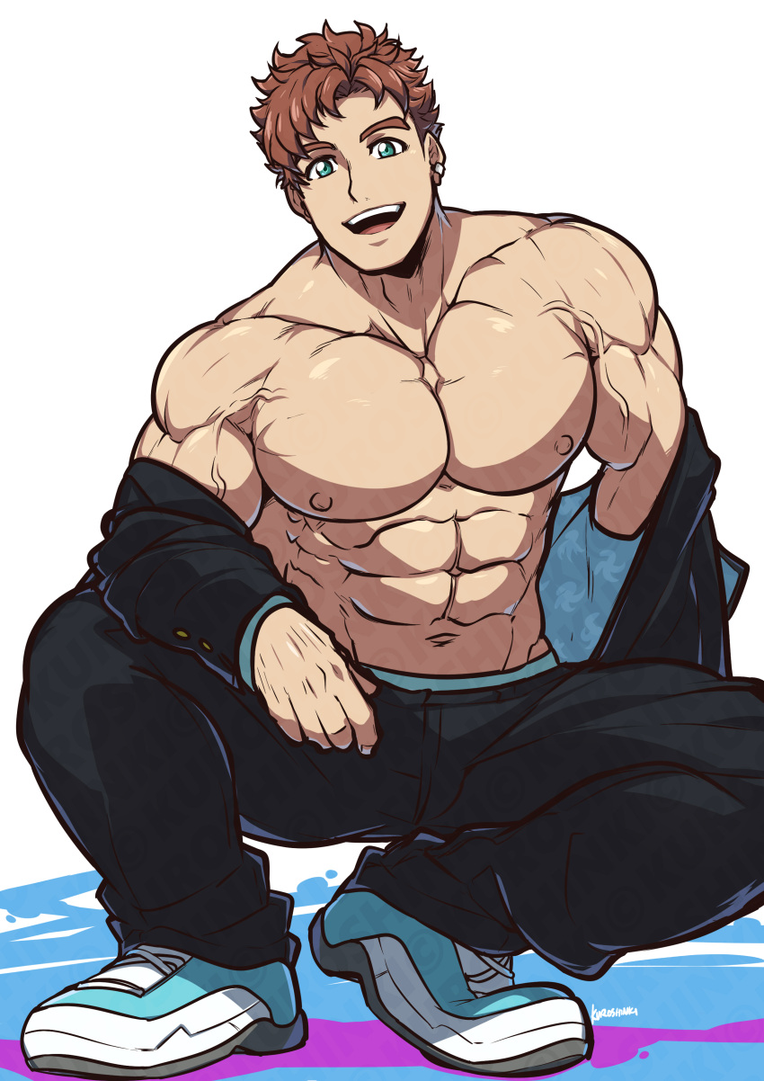 1boy abs absurdres asamine_matakara bara black_jacket black_pants blue_eyes brown_hair bucchigiri?! highres jacket kuroshinki large_pectorals male_focus muscular muscular_male navel nipples open_clothes open_jacket open_mouth pants pectorals short_hair smile solo squatting