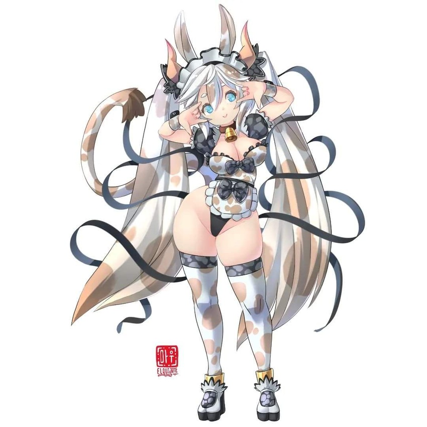 animal_ears animal_print bell black_bow black_bowtie black_ribbon blue_eyes bow bowtie breasts choker cow_ears cow_girl cow_print cow_tail cowbell el_quijote female full_body highleg horns monster_girl original ribbon signature simple_background skindentation solo tail thighhighs white_hair