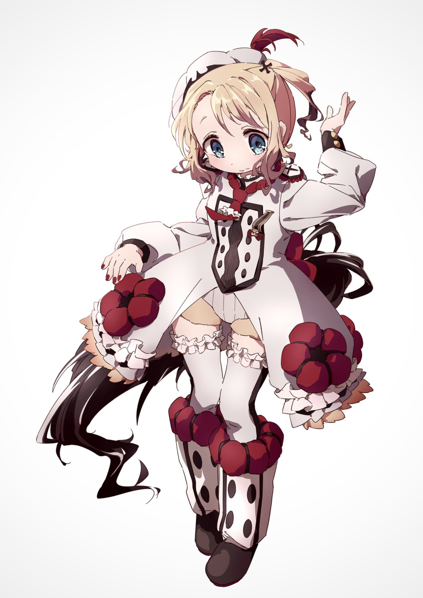 blonde_hair blue_eyes boots boro_(tn-boro) brown_hair chef closed_mouth dress female flower frilled_dress frilled_thighhighs frills full_body hand_up hat highres long_sleeves looking_down magical_girl mahou_shoujo_ikusei_keikaku mahou_shoujo_ikusei_keikaku_restart nail_polish neckerchief pechika_(mahoiku) red_flower red_nails red_neckerchief rooster_tail short_hair side_ponytail simple_background solo standing thighhighs white_background white_dress white_hat white_thighhighs