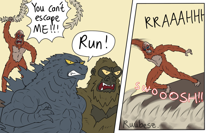 attack bald english_text feral fur godzilla godzilla_(series) group hi_res king_kong male running ruubeszdraws scales simple_background skar_king sound_effects speech_bubble text toho trio whip