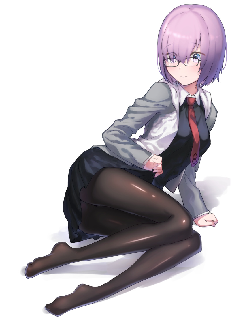 black-framed_eyewear black_pantyhose black_shirt black_skirt blunt_bangs blush commentary_request eyes_visible_through_hair fate/grand_order fate_(series) female glasses hair_between_eyes hair_over_one_eye highres jacket mash_kyrielight miniskirt necktie open_clothes open_jacket pantyhose pleated_skirt purple_eyes purple_hair red_necktie shiny_clothes shirt short_hair skirt smile solo tanaka_arumi white_background