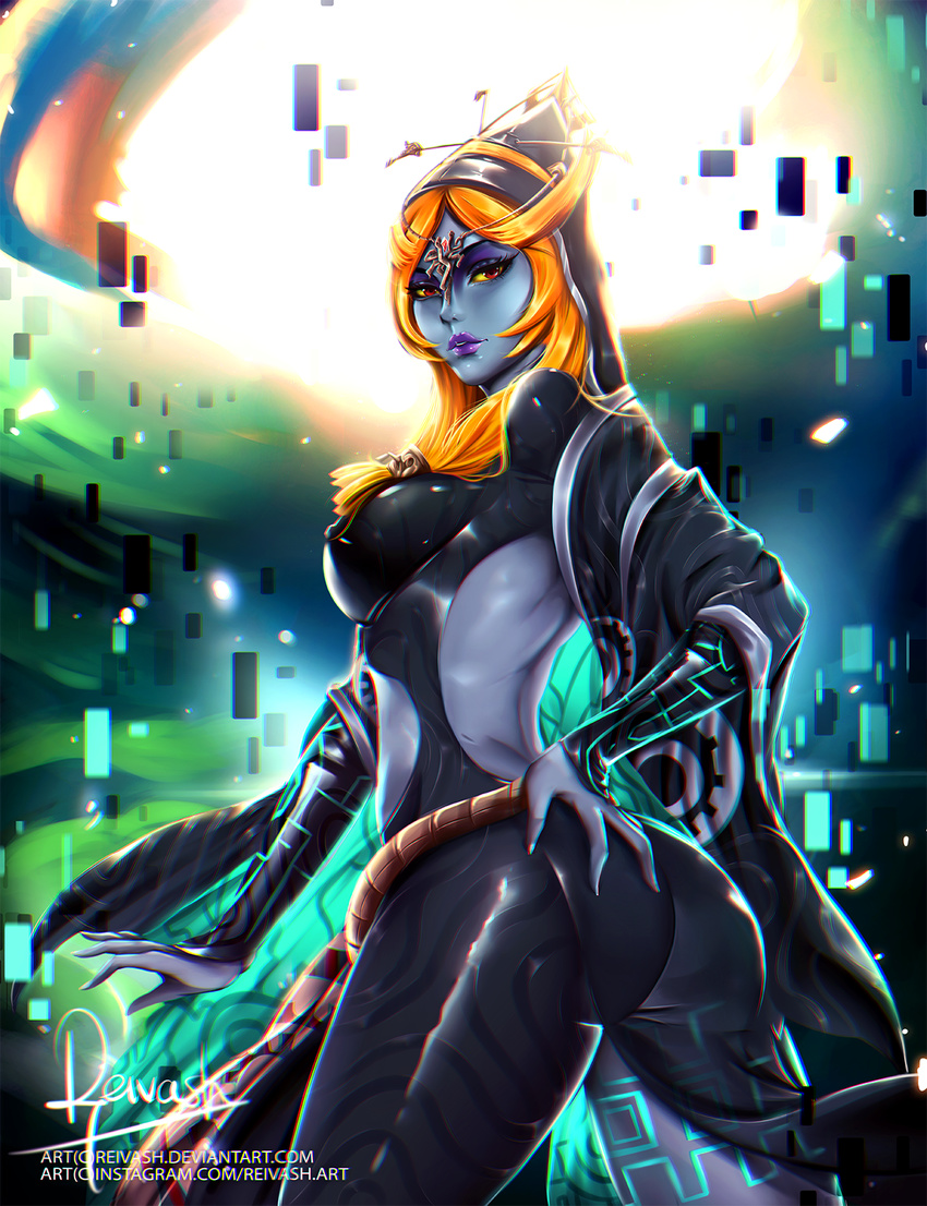 ass breasts chromatic_aberration colored_sclera colored_skin commentary_request eyeshadow female grey_skin hand_on_own_hip highres javier_estrada large_breasts lipstick looking_at_viewer looking_back makeup midna midna_(true) orange_hair purple_lips red_eyes solo the_legend_of_zelda the_legend_of_zelda:_twilight_princess yellow_sclera