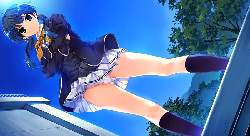 black_socks blazer blue_eyes blue_hair crossed_arms day dutch_angle female game_cg hair_ribbon hasekura_airi highres jacket kneehighs legs long_hair long_legs long_sleeves looking_at_viewer looking_down miniskirt misaki_kurehito outdoors panties pantyshot ribbon school_uniform skirt sky smile socks solo standing twintails underwear upskirt ushinawareta_mirai_wo_motomete white_panties wind