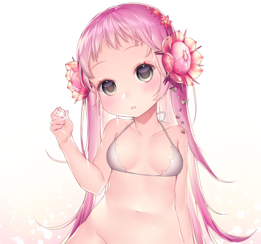 absurdres bare_arms bare_shoulders bikini bikini_top_only blush bottomless breasts cactus collarbone commentary female flower grey_eyes groin hair_flower hair_ornament hand_up head_tilt highres holding ia_(ias1010) long_hair navel out-of-frame_censoring parted_lips pink_flower pink_hair red_flower small_breasts solidus solo swimsuit thorns very_long_hair white_bikini