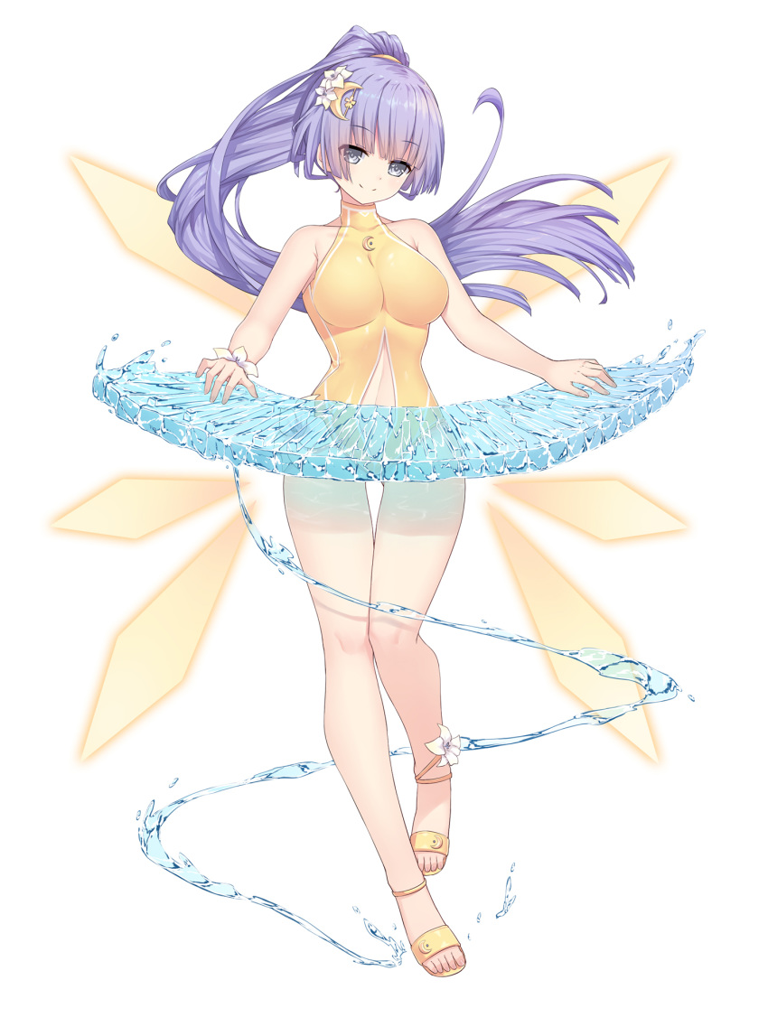 bare_legs bare_shoulders breasts chinese_commentary clothing_cutout commentary_request crescent crescent_hair_ornament date_a_live female flower full_body hair_flower hair_ornament highres instrument izayoi_miku keyboard_(instrument) light_purple_hair long_hair looking_at_viewer medium_breasts music navel navel_cutout neps-l one-piece_swimsuit photoshop_(medium) playing_instrument ponytail purple_eyes purple_hair sandals simple_background smile solo swimsuit thigh_gap very_long_hair water white_background yellow_one-piece_swimsuit