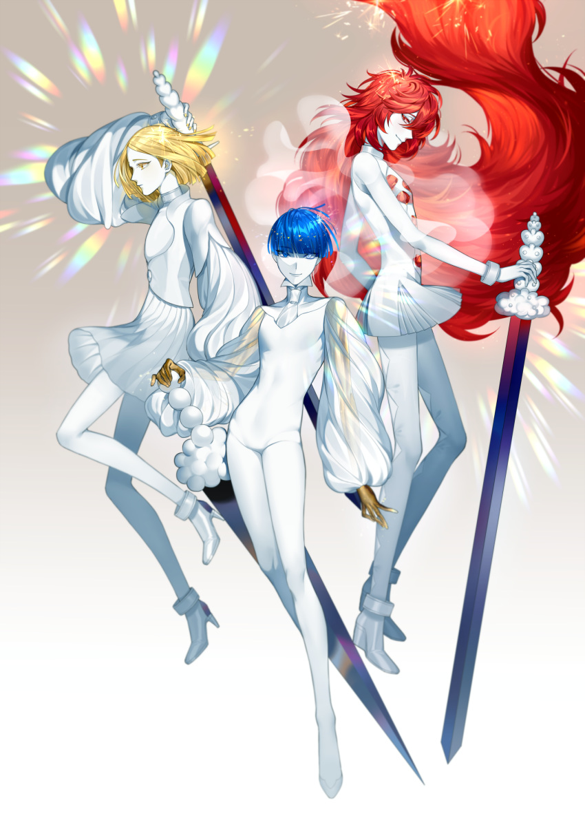 3others alternate_costume androgynous blonde_hair blue_eyes blue_hair blunt_bangs choker colored_eyelashes colored_skin commentary_request crystal_hair full_body gem glowing golden_arms heterochromia high_heels highres houseki_no_kuni long_hair looking_at_viewer multiple_others necktie other_focus padparadscha_(houseki_no_kuni) phosphophyllite phosphophyllite_(ll) red_eyes red_hair see-through short_hair skirt smile sparkle spoilers sword ultracat very_long_hair wavy_hair weapon white_eyes white_skin wide_sleeves yellow_diamond_(houseki_no_kuni) yellow_eyes