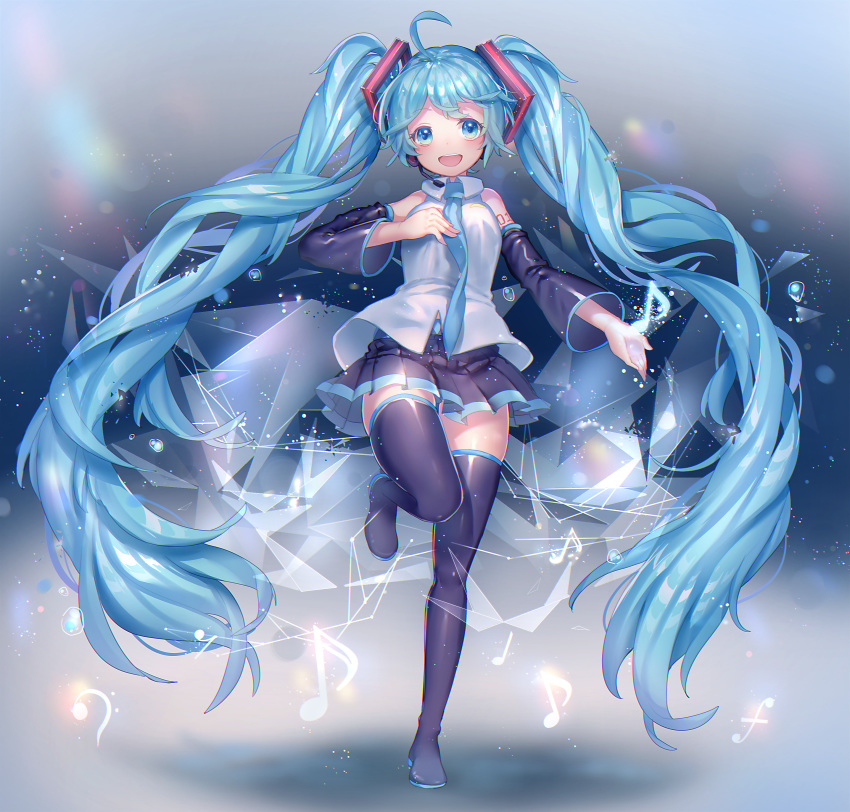 :d absurdly_long_hair absurdres ahoge aqua_eyes aqua_hair boots commentary detached_sleeves female full_body hand_on_own_chest hatsune_miku headset highres komadori_ui long_hair looking_at_viewer musical_note necktie open_mouth skirt smile solo standing standing_on_one_leg symbol-only_commentary thigh_boots thighhighs twintails very_long_hair vocaloid