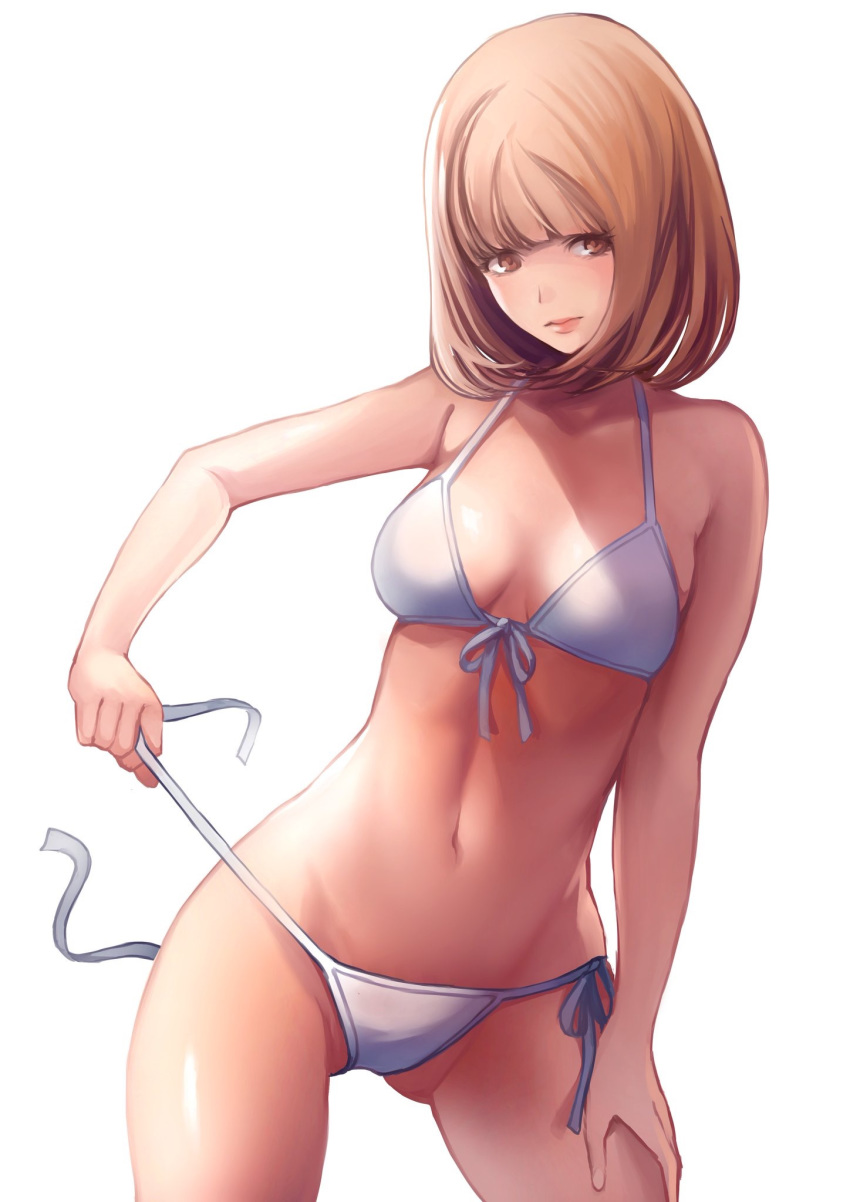 ass_visible_through_thighs bad_id bad_pixiv_id bikini blunt_bangs breasts brown_eyes brown_hair closed_mouth female highres koh_(minagi_kou) lips looking_at_viewer medium_breasts midorikawa_hana navel prison_school short_hair solo swimsuit untied_bikini white_background white_bikini