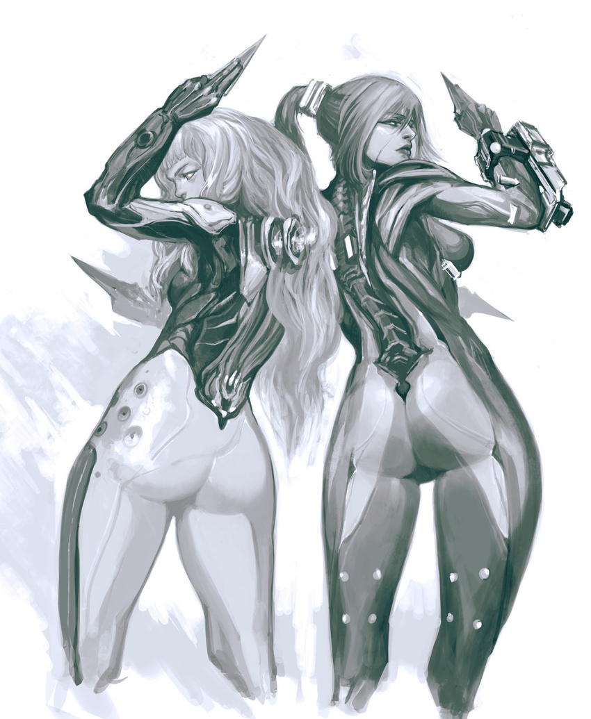 2girls ass bodysuit commentary greyscale highres humanization ikeda_masateru lips long_hair looking_at_viewer looking_back monochrome multiple_girls nova_(warframe) photoshop_(medium) ponytail simple_background skin_tight valkyr_(warframe) warframe white_background