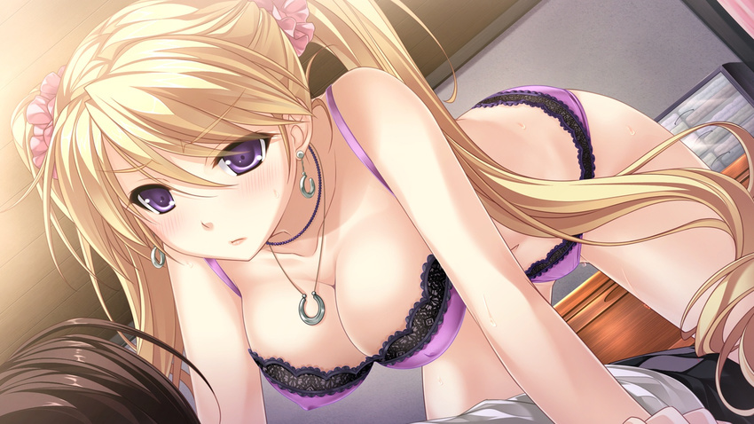 1boy blonde_hair bra breasts brown_hair cleavage collarbone covered_nipples cowgirl_position dutch_angle earrings female game_cg hanging_breasts highres indoors jewelry kujou_karen_(tsukumo_no_kanade) lace lace-trimmed_bra lace-trimmed_panties lace_trim large_breasts long_hair looking_at_another navel necklace panties purple_eyes saeki_hokuto scrunchie solo_focus straight sweat tsukumo_no_kanade twintails underwear underwear_only