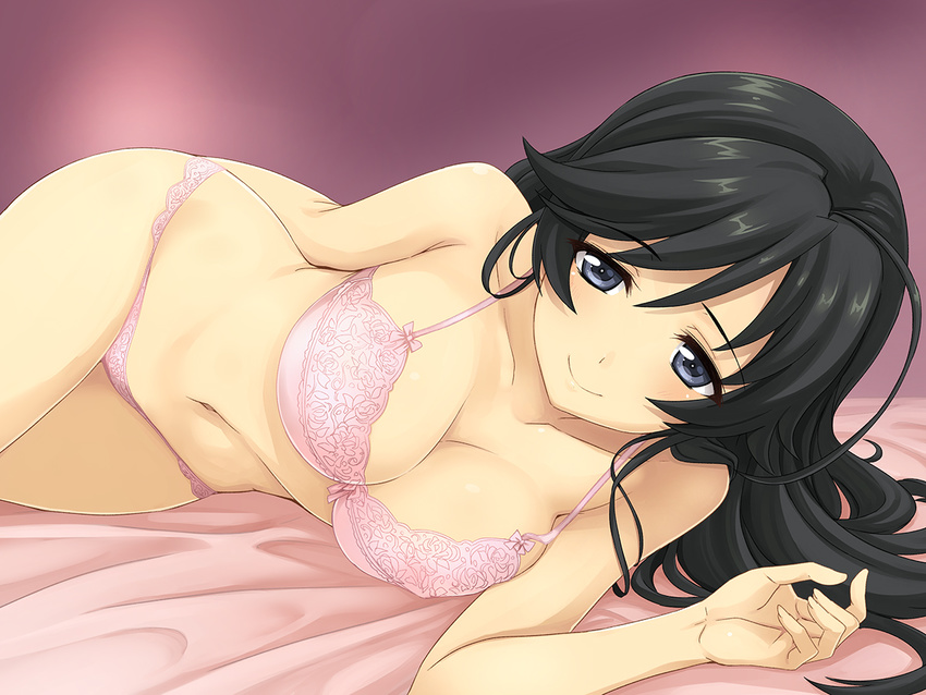 ahoge arm_behind_back bed black_eyes black_hair bow bow_bra bra breasts cleavage closed_mouth collarbone commentary_request eitarou_(kaminari_neko) female girls_und_panzer isuzu_hana lace lace_bra lace_panties lingerie long_hair looking_at_viewer lying medium_breasts navel on_side panties photoshop_(medium) pink_bra pink_panties smile solo underwear underwear_only