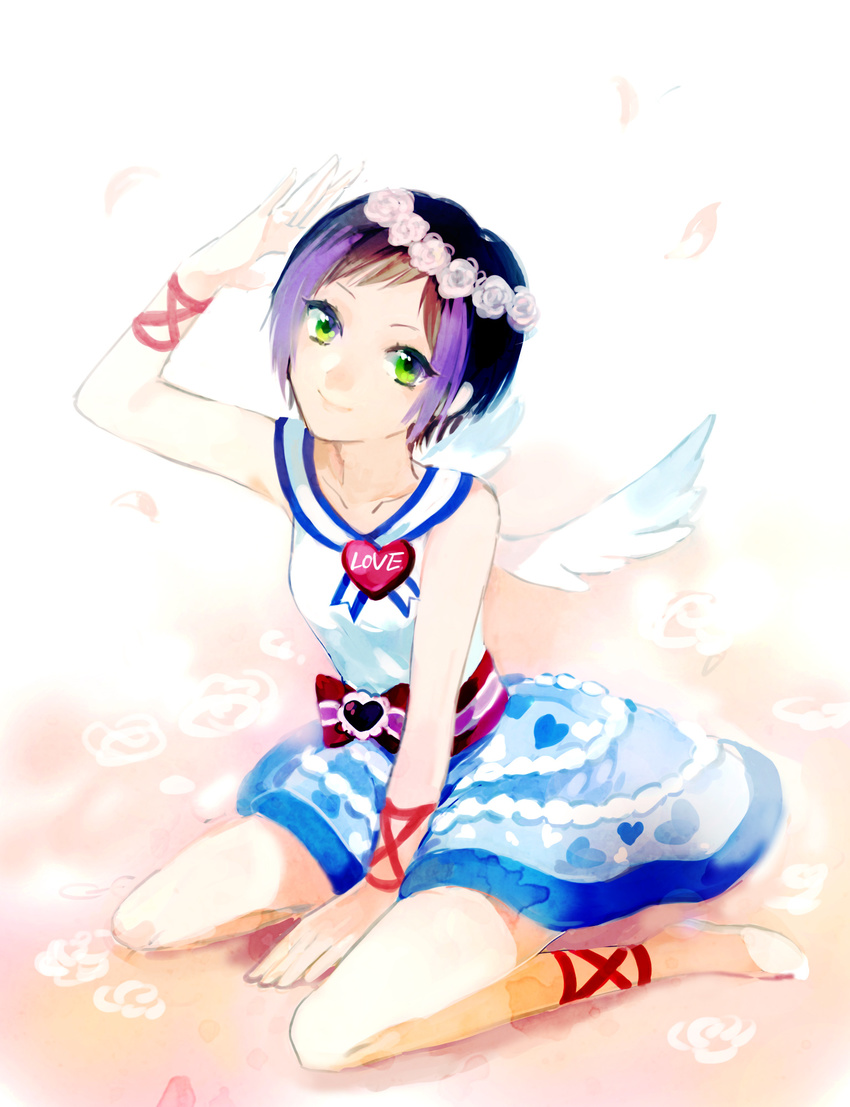 bad_id bad_pixiv_id black_hair female green_eyes head_wreath highres ioko multicolored_hair petals pretty_rhythm pretty_rhythm_rainbow_live pretty_series purple_hair short_hair smile solo suzuno_ito two-tone_hair wings