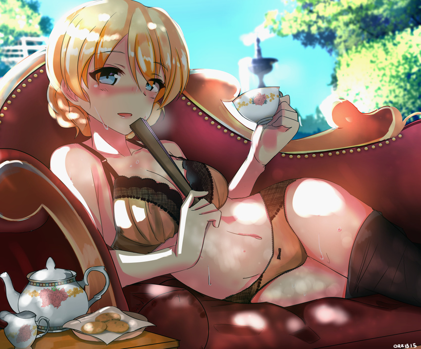 blonde_hair blue_eyes blush bra braid breasts cleavage clothes_pull commentary_request cookie couch creamer_(vessel) cup darjeeling_(girls_und_panzer) female folding_fan food girls_und_panzer hand_fan kowaremashita large_breasts navel panties pantyhose pantyhose_pull short_hair smile solo sweat teacher teacup underwear