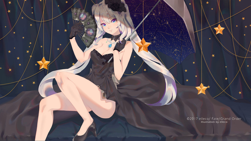 2017 artist_name bad_id bad_pixiv_id bare_shoulders black_dress black_flower black_footwear black_gloves black_rose blue_eyes blush breasts constellation copyright_name curtains dress elleco english_text fate/grand_order fate_(series) female floral_print flower folding_fan gloves hair_between_eyes hair_flower hair_ornament hand_fan head_tilt high_heels highres holding holding_fan holding_umbrella jewelry long_hair looking_at_viewer marie_antoinette_(fate) marie_antoinette_(formal_dress)_(fate) medium_breasts necklace official_alternate_costume parted_lips photoshop_(medium) rose shoes sitting smile solo star_(symbol) strapless strapless_dress twintails umbrella very_long_hair white_hair