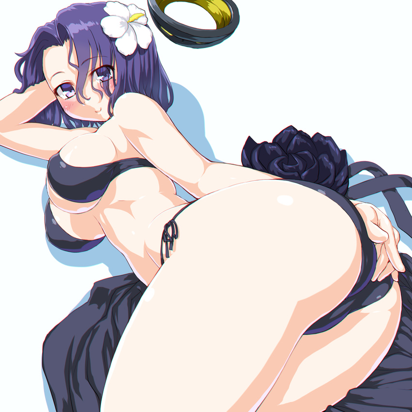 ass bikini blush breasts cleavage commentary_request dd_(ijigendd) female halo highres kantai_collection large_breasts looking_at_viewer mechanical_halo navel official_alternate_costume purple_eyes purple_hair sarong short_hair smile solo swimsuit tatsuta_(kancolle) tatsuta_(swimsuit_mode)_(kancolle)