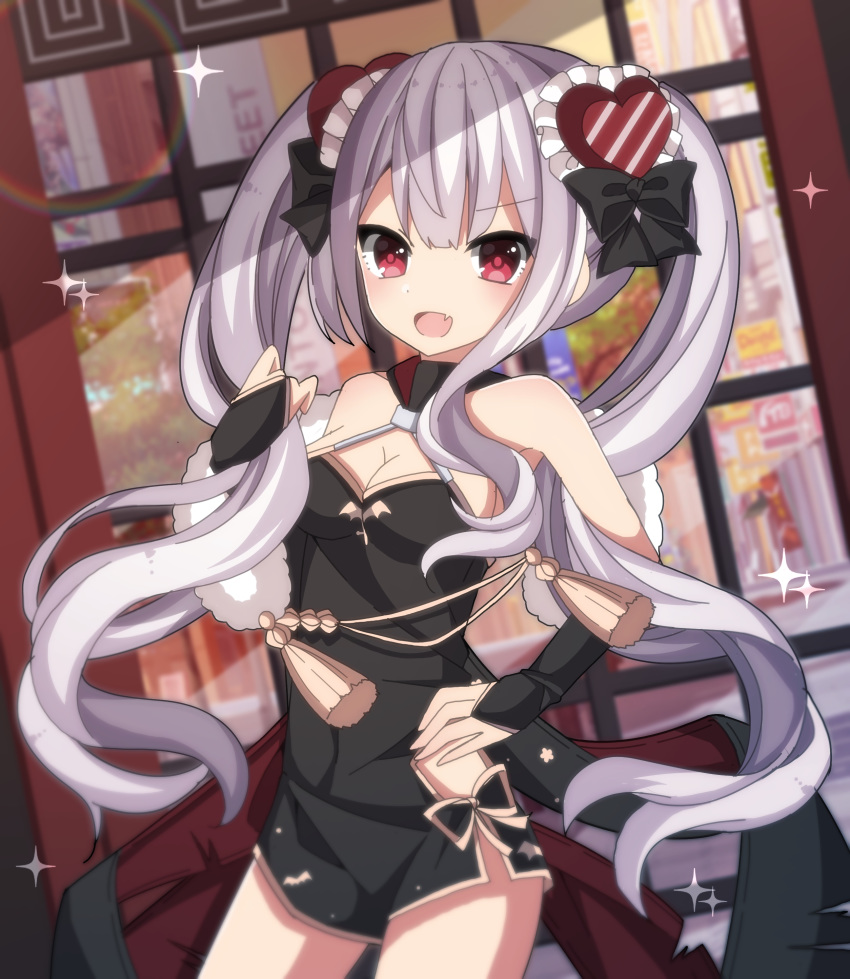 :d absurdres azur_lane bare_shoulders black_bow black_dress blurry blurry_background bow breasts bridal_gauntlets china_dress chinese_clothes cleavage commentary_request depth_of_field diagonal_stripes dress female grey_hair hair_between_eyes hair_ornament hairbow hand_on_own_hip heart heart_hair_ornament highres holding holding_own_hair long_hair looking_at_viewer medium_breasts oerba_yun_fang official_alternate_costume open_mouth rainbow red_eyes sapphire_(sapphire25252) short_dress sleeveless sleeveless_dress smile solo sparkle striped twintails vampire_(azur_lane) vampire_(the_breath_of_spring)_(azur_lane) very_long_hair