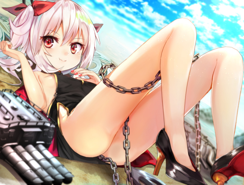 ass azur_lane bare_arms bare_shoulders black_dress black_footwear blue_sky blurry blurry_background blurry_foreground blush breasts cannon chains china_dress chinese_clothes closed_mouth cloud cloudy_sky commentary day depth_of_field dress dutch_angle fang_out female fingernails hair_between_eyes hair_ornament hair_ribbon hands_up high_heels legs_up long_hair looking_at_viewer lying marisayaka nail_polish oerba_yun_fang on_back outdoors red_eyes red_nails red_ribbon ribbon shoes sky sleeveless sleeveless_dress small_breasts smile solo thighs turret twintails vampire_(azur_lane) vampire_(the_breath_of_spring)_(azur_lane) white_hair