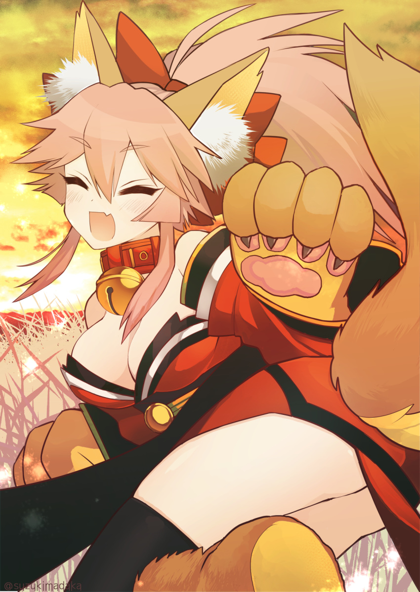 animal_ear_fluff animal_ears animal_hands bell blush breasts cat_paws cleavage closed_eyes collar commentary_request fangs fate/grand_order fate_(series) female fox_ears fox_girl fox_tail gloves hair_ornament hair_ribbon highres japanese_clothes jingle_bell kimono large_breasts long_hair nature neck_bell open_mouth outdoors paw_gloves paw_shoes pink_hair ponytail red_kimono red_ribbon ribbon shoes suzukimadaka tail tamamo_(fate) tamamo_cat_(fate) tamamo_cat_(first_ascension)_(fate)