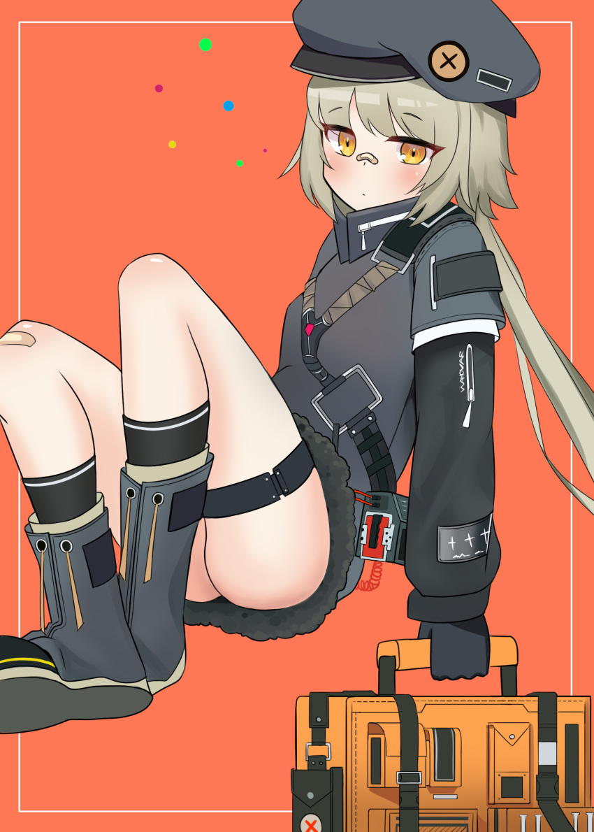 absurdres bandaid bandaid_on_face bandaid_on_knee bandaid_on_leg bandaid_on_nose beret blush boots cla_(finesoda) coat commentary_request female full_body girls'_frontline gloves grey_hair hat highres hip_focus hs2000_(girls'_frontline) korean_commentary long_hair orange_background photoshop_(medium) ponytail simple_background sitting solo trench_coat yellow_eyes