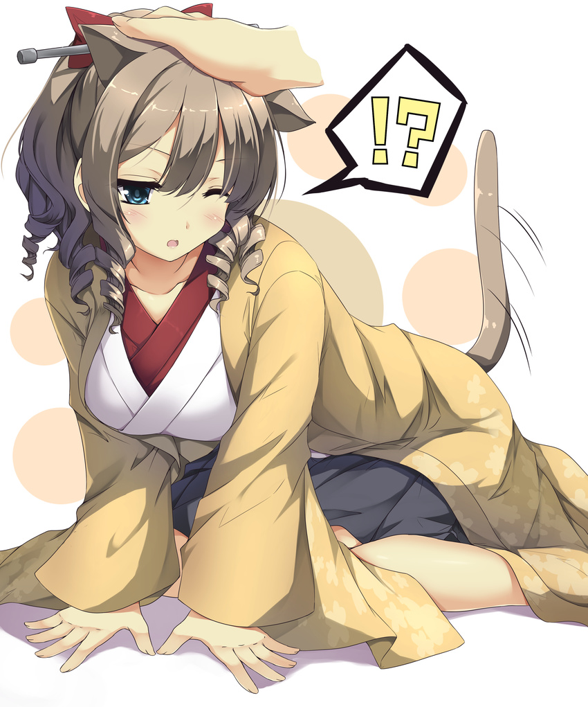 !? 3; absurdres all_fours animal_ears blue_eyes blush bow breasts brown_hair cat_ears cat_tail commentary_request disembodied_hand drill_hair feet_out_of_frame female hair_between_eyes hairbow haori hatakaze_(kancolle) headpat high_ponytail highres japanese_clothes kantai_collection kemonomimi_mode kimono large_breasts motion_lines one_eye_closed red_bow sheita short_ponytail solo_focus spoken_interrobang tail white_kimono