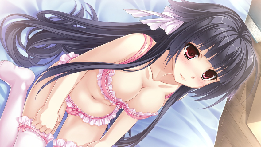 bed_sheet black_hair blush bow bow_panties bra breasts cleavage collarbone dutch_angle frilled_bra frilled_legwear frilled_panties frills from_above fuse-hime_(tsukumo_no_kanade) hairbow highres long_hair medium_breasts navel panties pink_bra pink_legwear pink_panties red_eyes saeki_hokuto sitting solo thighhighs tsukumo_no_kanade underwear underwear_only very_long_hair white_legwear