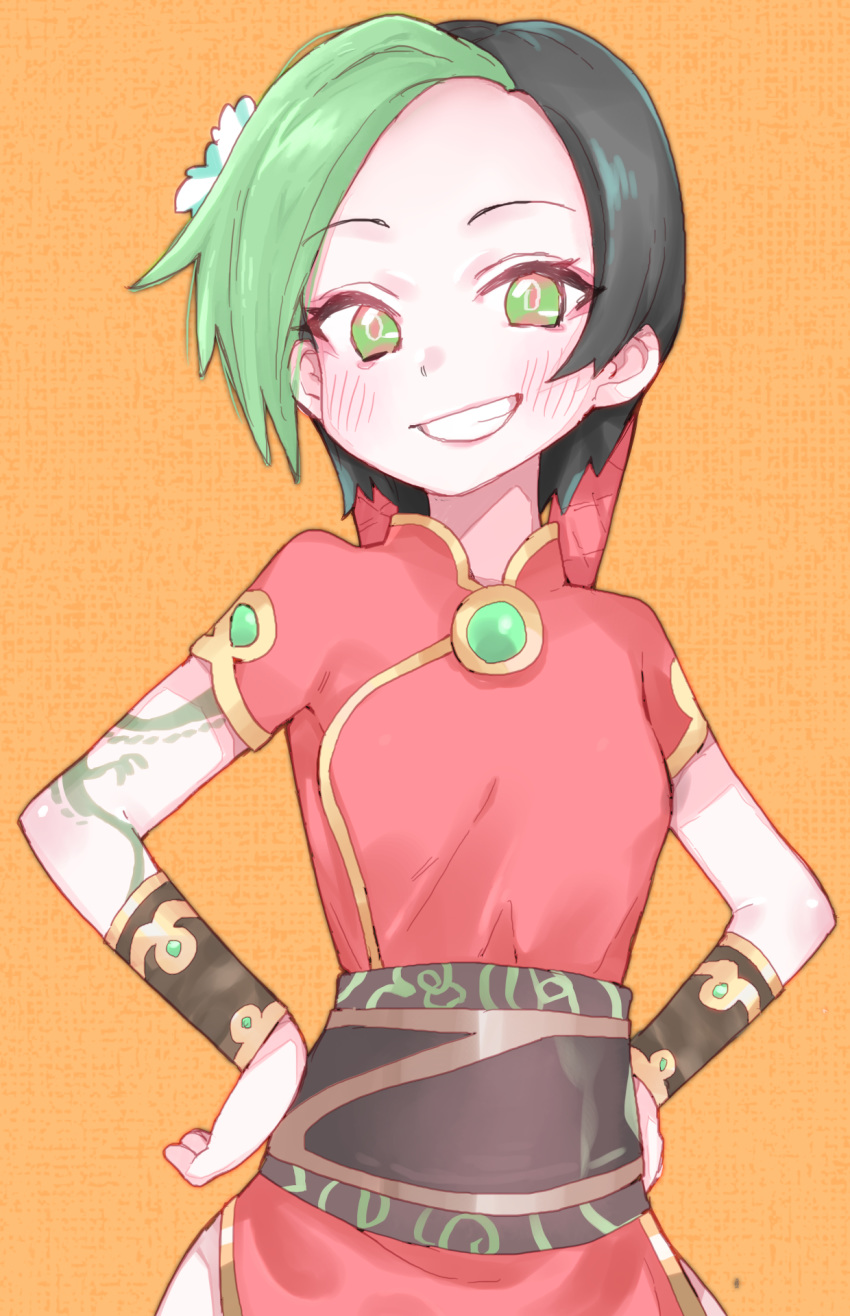 alternate_hair_color black_hair china_dress chinese_clothes dress female firecracker_jinx green_eyes green_hair hair_ornament jinx_(league_of_legends) league_of_legends long_hair multicolored_hair red_dress tattoo twintails