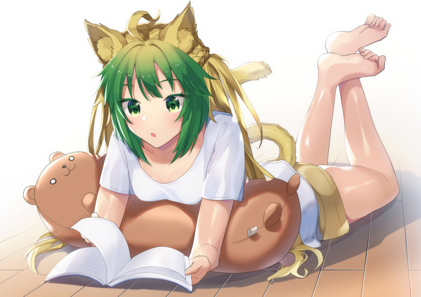 animal_ears atalanta_(fate) barefoot blonde_hair book breasts brown_shorts cat_ears cat_tail cleavage collarbone commentary_request fate/apocrypha fate_(series) female green_eyes green_hair highres long_hair lying multicolored_hair on_stomach open_book open_mouth reading shiny_skin shirt short_shorts short_sleeves shorts small_breasts solo tail tanaka_arumi the_pose two-tone_hair white_background white_shirt wooden_floor