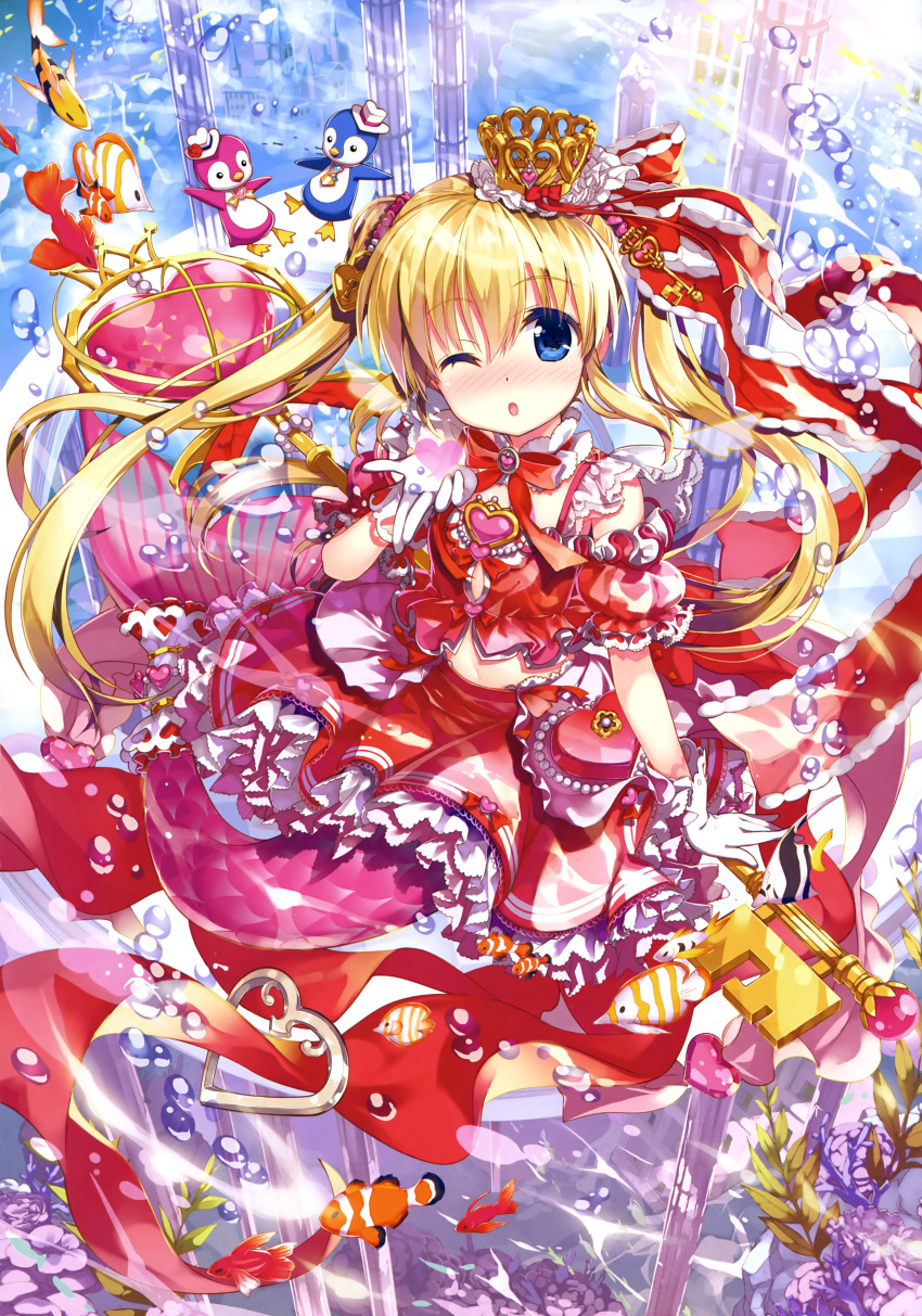 ;o absurdres air_bubble bird black_eyes blonde_hair blue_brooch blush bow bowtie broken_pillar brooch bubble butterflyfish cardfight!!_vanguard castle choker clownfish coral crown female fish flower fujima_takuya gloves hair_between_eyes hat hat_flower heart heart-shaped_gem heart-shaped_hat heart_print highres jewelry key key_hair_ornament layered_skirt lock_hair_ornament long_hair looking_at_viewer mermaid midriff monster_girl navel neck_ribbon necktie official_art one_eye_closed pacifica_(cardfight!!_vanguard) penguin pillar pink_lips pink_skirt print_gloves puffy_short_sleeves puffy_sleeves red_bow red_bowtie red_flower red_ribbon red_shirt red_skirt ribbon scan shirt short_sleeves single_stripe skirt striped_bow striped_bowtie striped_clothes striped_necktie tongue tropical_fish twintails underwater white_choker white_gloves white_hat white_skirt white_stripes yellow_bow yellow_bowtie yellow_necktie