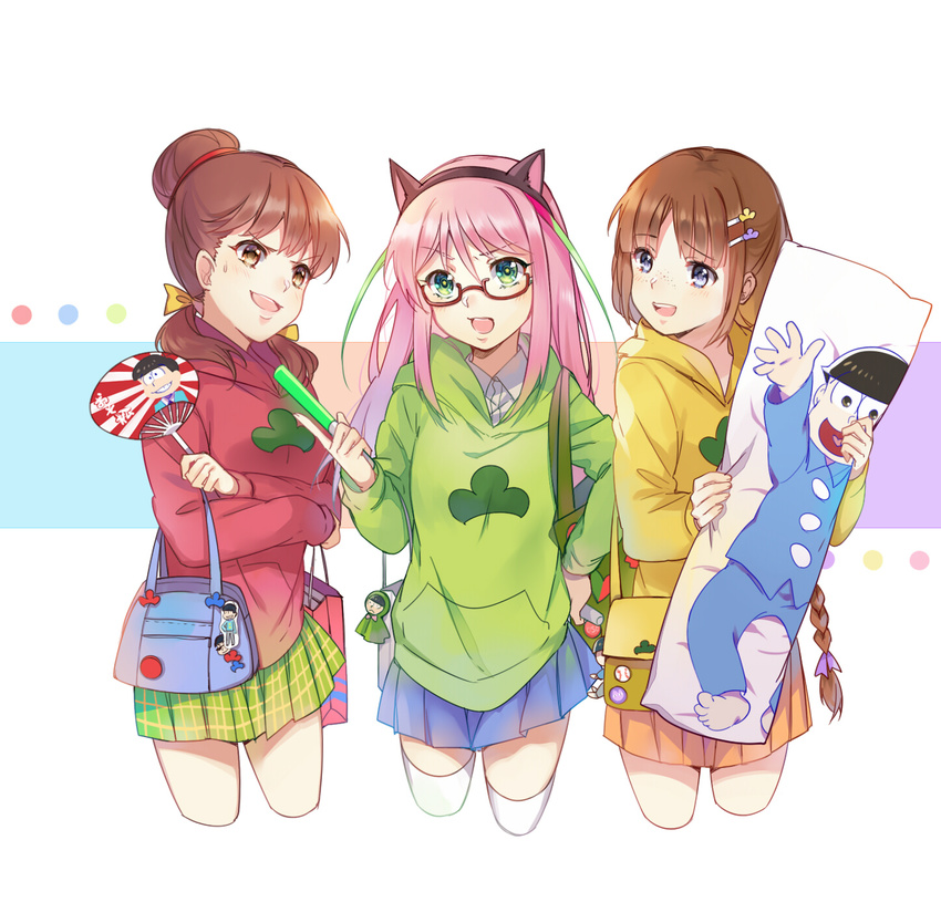 3girls :d animal_ears bad_id bad_pixiv_id badge bag bag_charm blue_eyes blue_skirt blunt_bangs braid breasts brown_eyes brown_hair button_badge cat_ears character_charm character_doll character_print charm_(object) clenched_hands collared_shirt cosplay cropped_legs crossed_arms dakimakura_(object) dress_shirt ekita_kuro eyebrows eyelashes fake_animal_ears freckles girl_sandwich glowstick green_eyes green_skirt hair_between_eyes hair_bun hair_ornament hair_over_shoulder hair_ribbon hairband hairclip hand_fan hand_fan_writing hand_on_own_hip hashimoto_nyaa heart highres holding holding_fan holding_pillow hood hood_down hoodie index_finger_raised jyushimatsu's_girlfriend long_hair long_sleeves looking_at_another low_twintails matsuno_choromatsu matsuno_choromatsu_(cosplay) matsuno_jyushimatsu matsuno_jyushimatsu_(cosplay) matsuno_karamatsu matsuno_osomatsu matsuno_osomatsu_(cosplay) multicolored_hair multiple_girls open_mouth orange_skirt osomatsu-kun osomatsu-san osomatsu_(series) paper_bag paper_fan pillow pink_hair plaid plaid_skirt pleated_skirt polka_dot ribbon rising_sun_flag sandwiched school_uniform shirt short_twintails shoulder_bag single_hair_bun skirt small_breasts smile streaked_hair sunburst sweat tail teruterubouzu thighhighs turtleneck twintails uchiwa v-shaped_eyebrows very_long_hair white_legwear white_shirt yowai_totoko