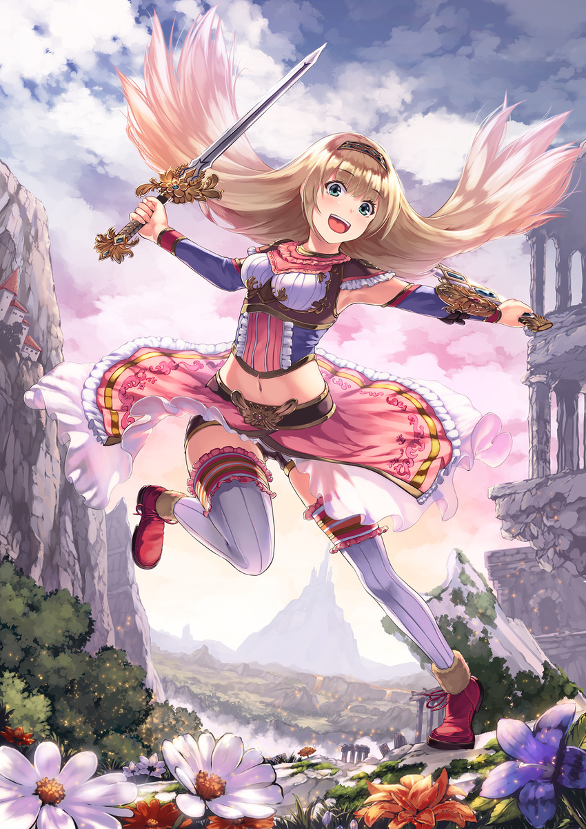 :d arm_warmers blonde_hair building circle_skirt cloud commentary_request dual_wielding female flower frilled_skirt frills full_body green_eyes hairband highres holding holding_sword holding_weapon long_hair looking_at_viewer md5_mismatch midriff moss mountain navel open_mouth original outdoors overskirt photoshop_(medium) pink_footwear pink_skirt resolution_mismatch ruins shoes skirt skirt_flip smile solo source_larger standing standing_on_one_leg sword takanori_yamada thighhighs weapon white_thighhighs