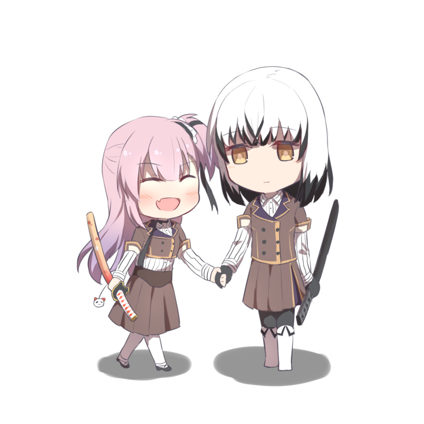 2girls black_gloves black_hair black_legwear blunt_bangs boots charm_(object) choker closed_eyes full_body gloves highres holding holding_hands holding_sword holding_weapon katana long_hair long_sleeves multicolored_hair multiple_girls oerba_yun_fang one_side_up pantyhose pink_hair pleated_skirt ribbon_choker satsuki_yomi shirt skirt spoilers striped_clothes striped_shirt sword thumbnail_surprise toji_no_miko touming_jun transparent_background tsubakuro_yume two-tone_hair vertical-striped_clothes vertical-striped_shirt weapon white_hair white_legwear yellow_eyes